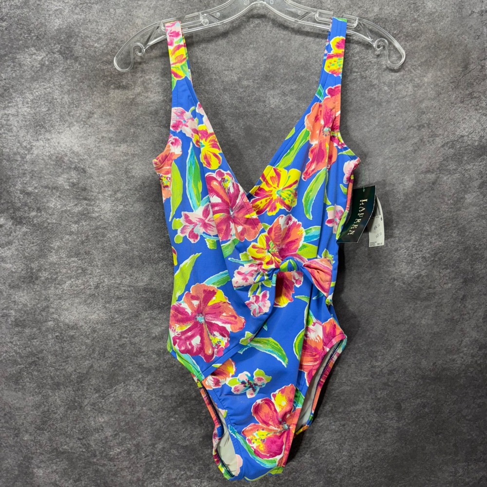 Lauren Ralph Lauren Faux Wrap One Piece Swimsuit Size 6 Blue Tropical Floral NWT